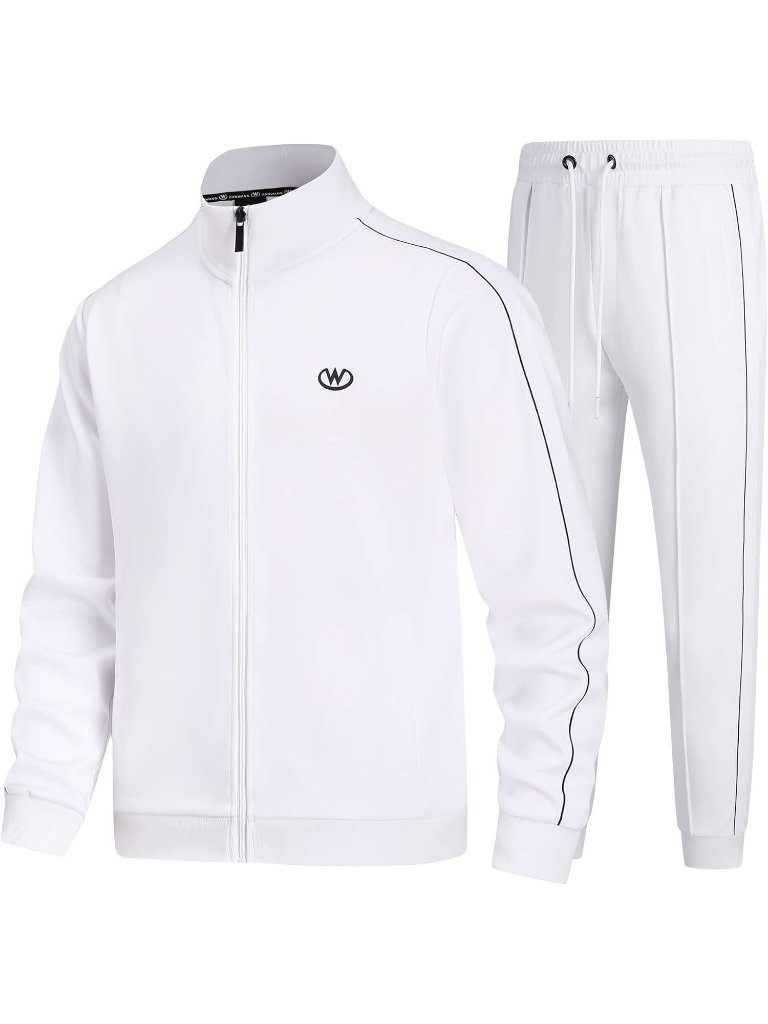 Men's 2 Piece Suit White Slant Pocket Long Sleeve Full Zip Sweatsuit Sports